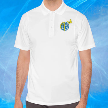 Men’s Sport-Tek polo shirt with Anakainoo International logo, moisture-wicking polyester with globe and butterfly design symbolizing spiritual renewal and transformation through intimacy with God, man wearing white polo shirt